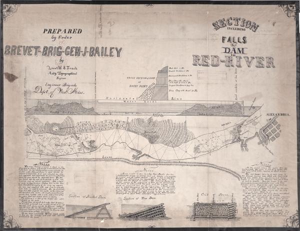 This map shows pictorially a section of bracketdam, section of tree dam, and crib of stone. This map was prepared by order of General Joseph Bailey and is ink on tracing cloth. An inset map shows a cross section of a cliff at Rocky Point. Also included are three columns of notes and an annotation in pencil below the title that reads: "May 1864."

