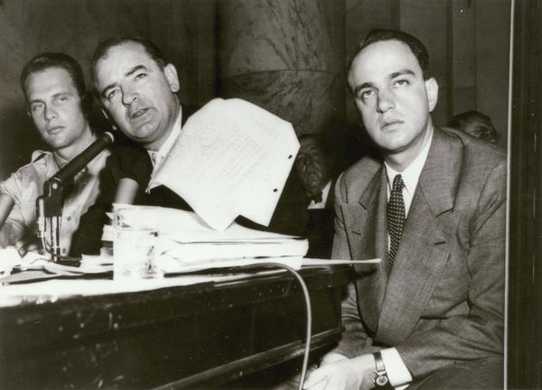 McCarthy-Army hearings. Left to right: G. David Schine, Joseph R. McCarthy, and Roy Cohn.