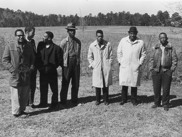 Bob Moses, Julian Bond, Curtis (Hayes) Muhammad, Willie Peacock, Hollis Watkins, Amzie Moore and E.W. Steptoe on Steptoe's farm.
