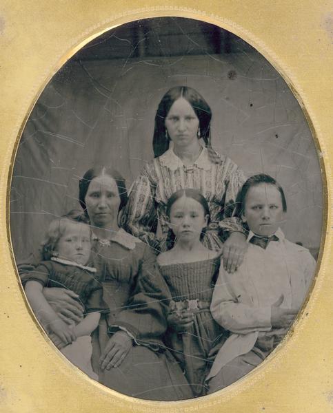 Quarter plate ferrotype/tintype of Mary La Follette and her four children, left to right, Robert M. La Follette, Sr., Josephine, William, and (standing) Ellen.