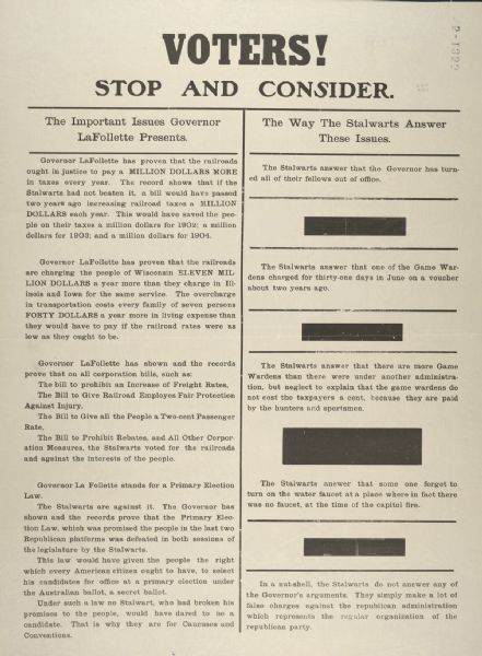 Robert M. La Follette political poster asking voters to consider La Follette's views and the opposition's views.