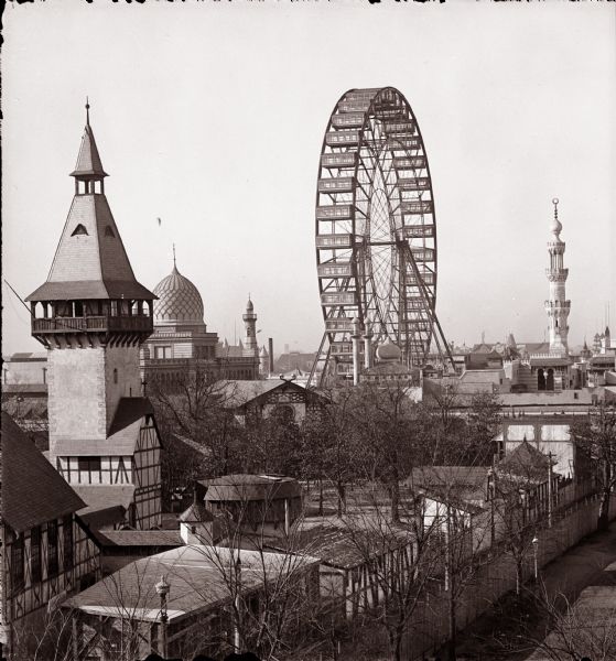 Elevated view of the Ferris wheel and midway at the Columbian Exposition, viewed from Hotel Epworth.