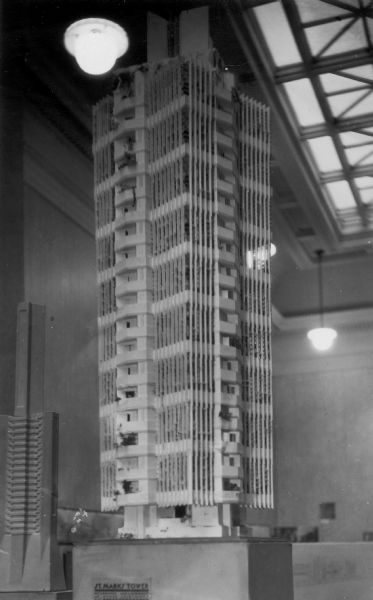 Model of the St. Mark's-in-the-Bouwerie Towers project, ca. 1927-1931, intended for New York City. Taken at an exhibit of the works of Frank Lloyd Wright at the Layton Art Gallery in Milwaukee. The exhibit toured the United States between 1930 and 1931.