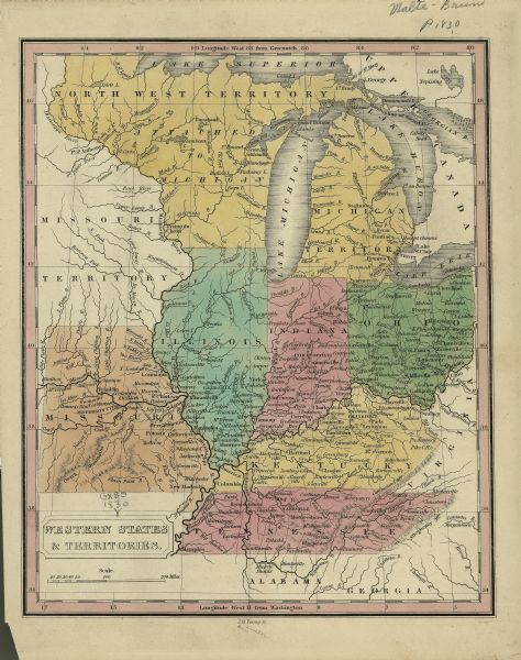 Multicolor map illustrates the development of states and territories in the Old Northwest. Wisconsin was on the frontier of settlement when this map was published.