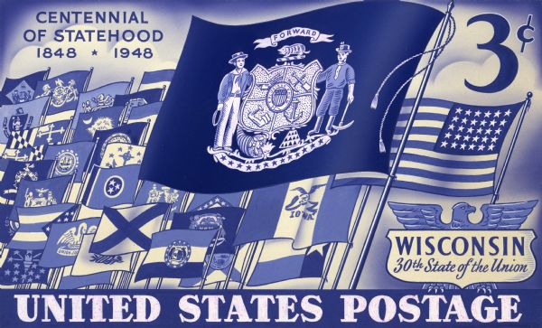 Design for the Wisconsin Centennial 3 cent stamp featuring United States flags in the order they joined the Union (Wisconsin was the 30th state to join).