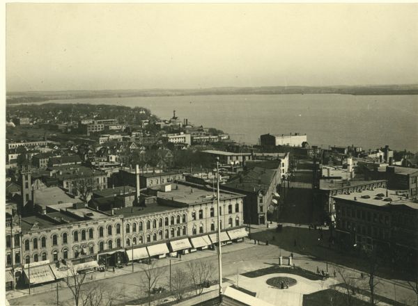 View from the top of the Wisconsin State Capitol looking east down King Street toward Lake Monona.