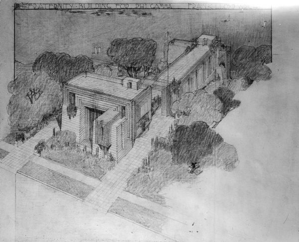 The proposed design for the Phi Gamma fraternity  house on Langdon Street by Frank Lloyd Wright. This design was found unsuitable and the building was never built.