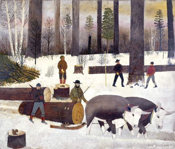 A two-man team of sawers work on a massive tree with a crosscut saw (right) while a man with an an axe waits to trim branches. The trunks are then cut down to a manageable size and maneuvered by peaveys and cant hooks (left). A pair of oxen pull the log, secured with chains to a sled, out of the snow-covered woods.