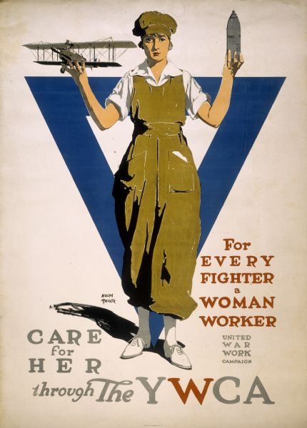 A female factory worker standing with her arms upraised, holding a miniature airplane in one hand and a bombshell in the other. In the background is the YWCA blue triangle. The poster was issued by the Young Woman's Christian Association, to promote their United War Work Campaign. The slogan reads "For Every Fighter, a Woman Worker, United War Work Campaign."