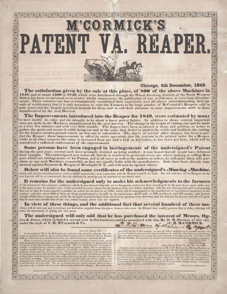 Advertising handbill for Cyrus Hall McCormick's patent Virginia Reaper. Printed for C.H. McCormick & Co. by James J. Langdon, Chicago, Illinois.