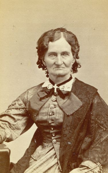 Waist-up portrait of Mrs. Roseline Peck, born 1808 - died 1898, the first white woman in Madison, Wisconsin. She was the wife of the first tavern keeper, Eben Peck.