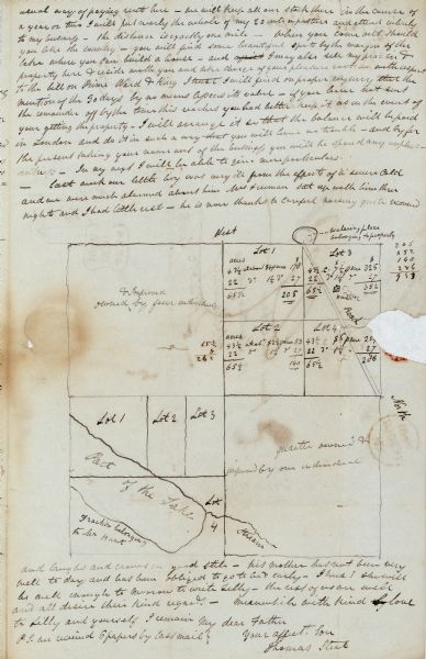 A drawing by Thomas Steel of his farm property contained in a letter Steel wrote to his father James Steel.