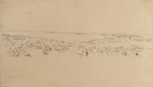 Pencil drawing of view overlooking Madison. The sketch looks down North Hamilton Street from the capitol.  Rutted, irregular streets and frame houses mark this landscape.