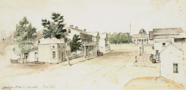 A watercolor view of Madison. Prominent on the left side of King Street is the Madison Hotel.