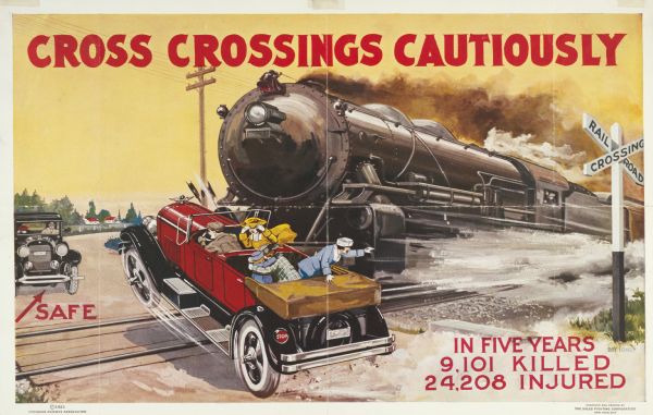 Unprotected railroad crossings were a particular hazard for automobiles as this 1923 poster issued by the American Railroad Association dramatically points out. Text at bottom right reads: "In five years 9,101 killed, 24,208 injured."