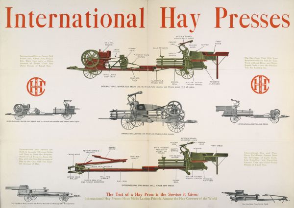 Advertising poster for International Harvester hay presses. Includes color illustrations and the text: "The Test of a Hay Press is the Service it Gives."