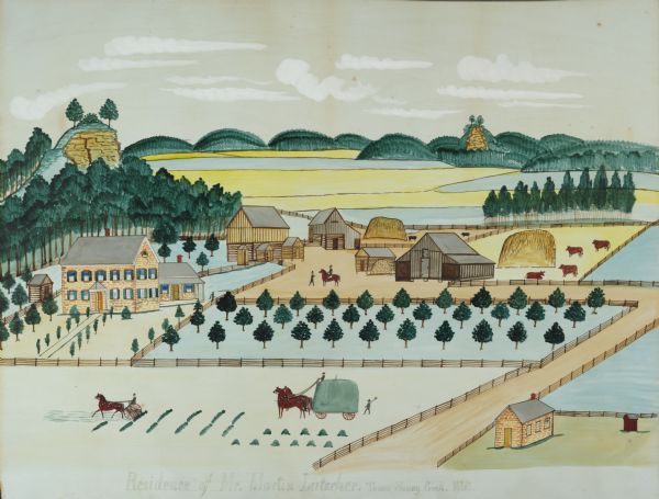 Seifert's watercolor is fairly large, measuring 27" wide by 21" high, and provides a detailed depiction of a nineteenth century Wisconsin farm. The small structure immediately to the left of the house is likely a smokehouse used for curing and preserving meats butchered on the farm. The barn to the immediate right of the house shelters the horses. Next is the hog barn, and the large barn with side cribs for corn houses cattle. A large apple orchard extends from the house to the driveway. Two large piles of straw sit in the barnyard near the hogs and the cattle. In the center of the image, two men confer. Perhaps the man on horseback is Martin Luetscher II, the farm owner.  In the foreground, workers -- or perhaps the Luetscher sons, Martin III (b. 1858), Jacob (b. 1862), or young John (b. 1869) -- are raking and loading hay. The driveway in the foreground is today known as County Road PF. The painting also depicts two exposed limestone bluffs. The bluff nestled in the wooded hills in the distance is the Sauk County landmark Tower Rock. The small stone building in the lower right corner is Pine Grove School.  Martin II was a lead the effort to organize a school district and donated a portion of his land for the school building. The painting shows the second school - built in 1863 and torn down in 1880 to make way for a larger school.