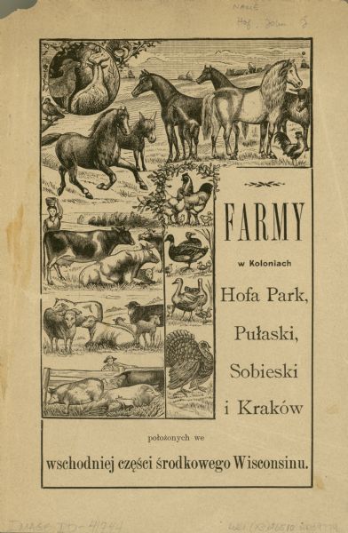 Cover of a pamphlet in Polish by J. Hof, decorated with images of farm animals. It was intended to encourage immigrants to come to Wisconsin.