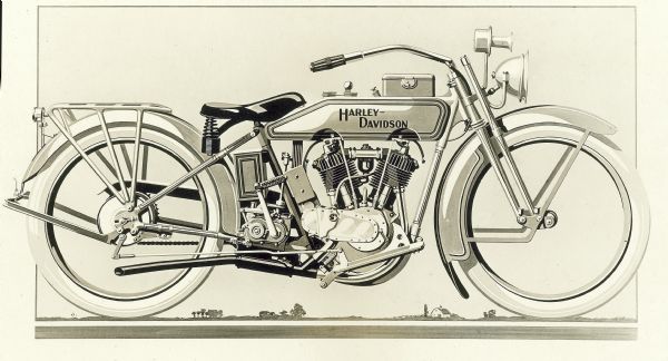 Illustration of a Harley-Davidson Motorcycle, 1916 model.