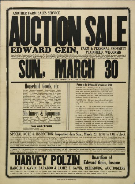 Notice of farm auction sale for farm and personal property of Ed Gein. The farmhouse was destroyed by fire before the auction took place.

