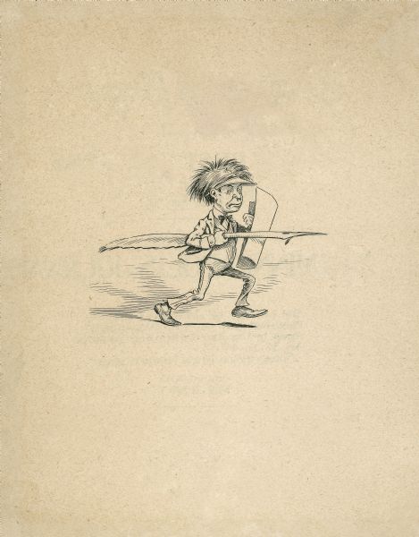 Cartoon drawing of a man wielding a feather quill pen as a sworn and a sheet of paper as a shield.
