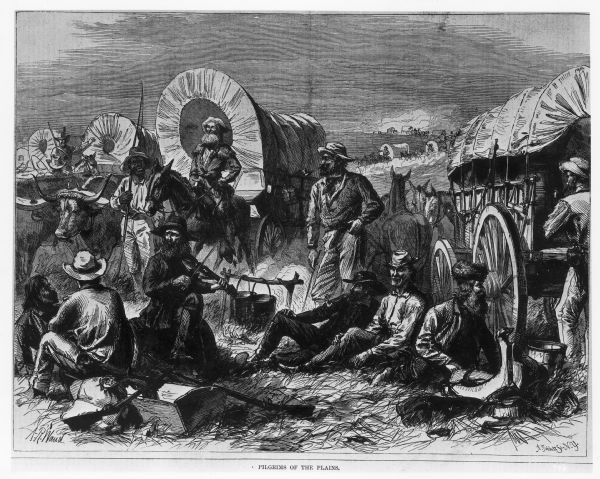 Wood engraving of pioneer men, one of whom is playing a violin, surrounded by covered wagons.