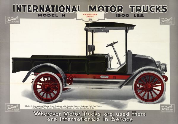 Advertising poster for International Model H trucks featuring a color illustration. Includes the text: "wherever Motor Trucks are used there are Internationals in Service." Printed by Magill-Weinsheimer Co., Chicago, Illinois.