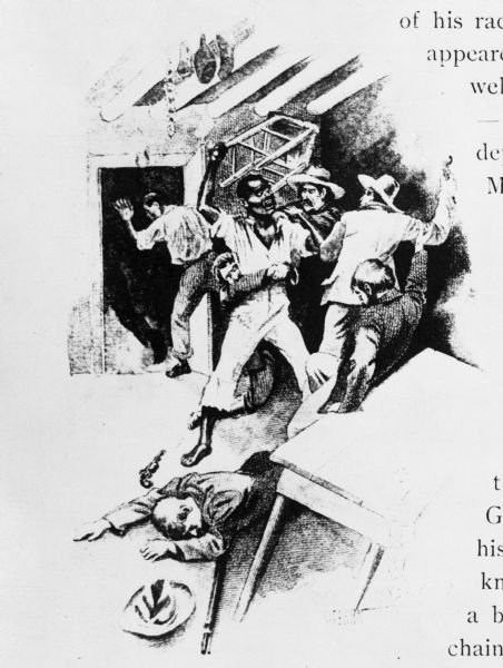 Drawing showing escaped slave Joshua Glover being seized at Racine.