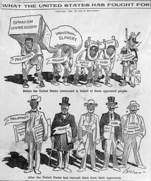 A cartoon depicting the rescue of oppressed people by the United States, entitled: "What The United States Has Fought For".