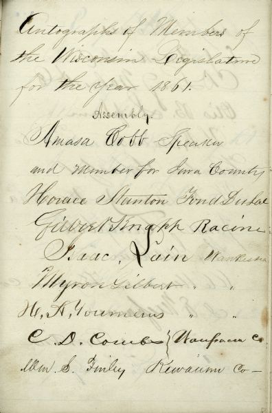 A page of autographs of the members of the 1861 Wisconsin Legislature.