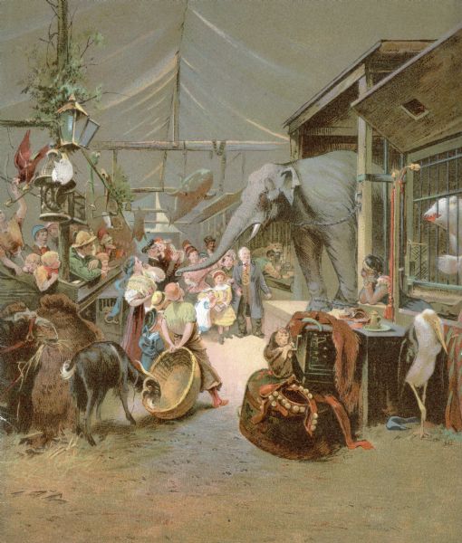 Back cover illustration of the McCormick Harvesting Machine Company catalog. Shows children and adults, some of them circus performers, inside a large tent looking at a chained elephant. Also features a monkey operating an organ grinder, a goat eating out of a basket, and caged tigers.