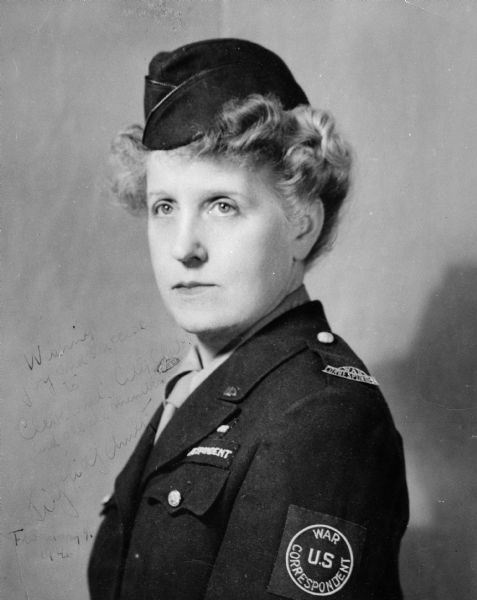 Studio portrait of Sigrid Schultz in her U.S. War Correspondent uniform.