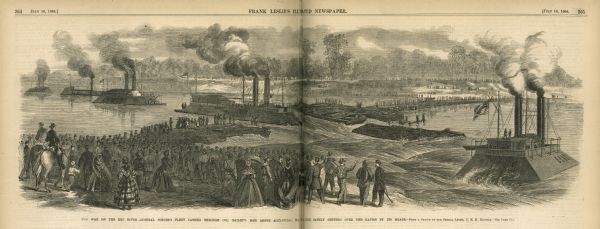 Illustration from <i>Frank Leslie's Illustrated Newspaper</i> depicting Admiral Porter's fleet passing through Colonel Bailey's dam during the War on Red River.
