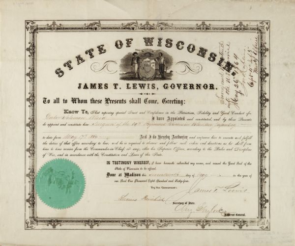 Document certifying that Governor James T. Lewis appointed Dr. Solomon Blood as Surgeon of the 39th Regiment, Wisconsin Volunteer Infantry. The document bears an embossed great seal of the State of Wisconsin.