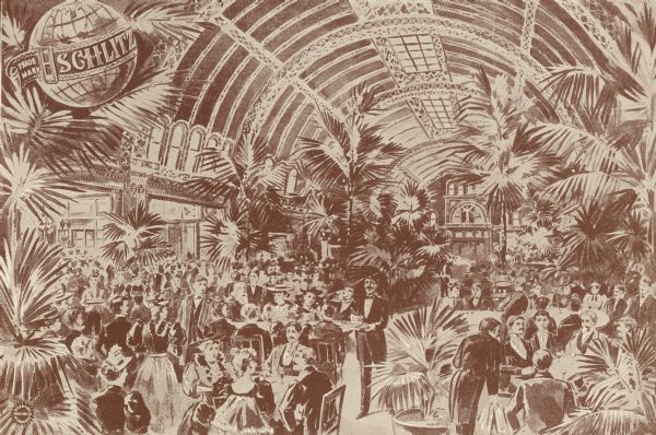 Interior view of the Schlitz Palm Garden filled with finely dressed people. The Schlitz logo appears in the upper left corner. Located on N. 3rd Street, south of W. Wisconsin Avenue, the Schlitz Palm Garden opened on July 3, 1886 and was one of the most popular and opulent in Milwaukee.