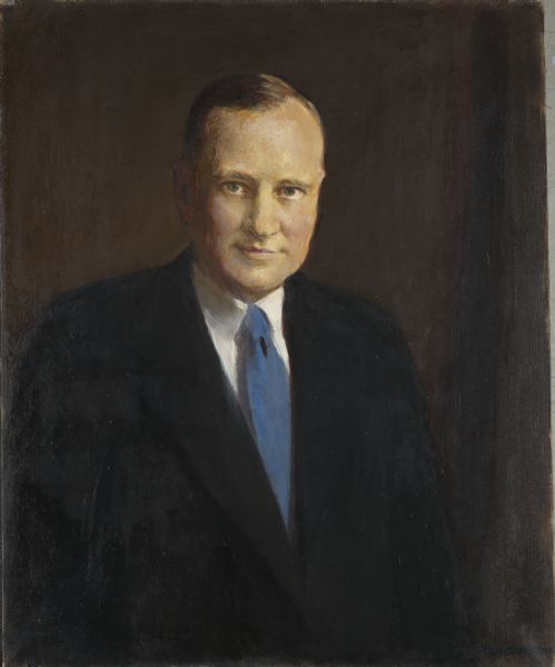Painted portrait of Orland Steen Loomis in a suit and blue necktie.