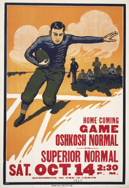 Homecoming poster promoting the football game between Oshkosh Normal and Superior Normal on Saturday, October 14th at 2:30 pm.