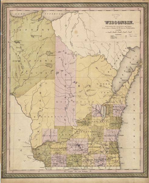 In 1849, northern Wisconsin was composed of huge sectional regions such as Chippewa, Portage, Brown and Crawford, whereas southern Wisconsin was constituted by the counties we know today. This 1849 map shows the sectional and county makeup of Wisconsin the year after it became a state.