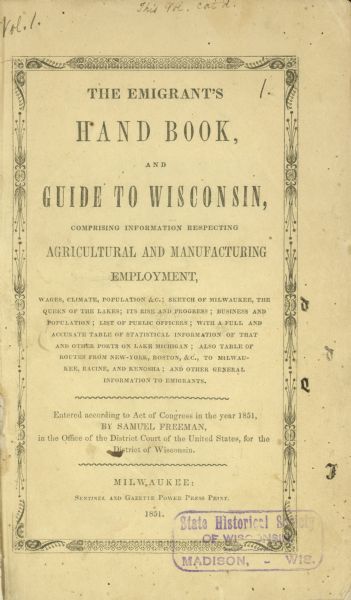 First page of the Hand Book to Wisconsin.