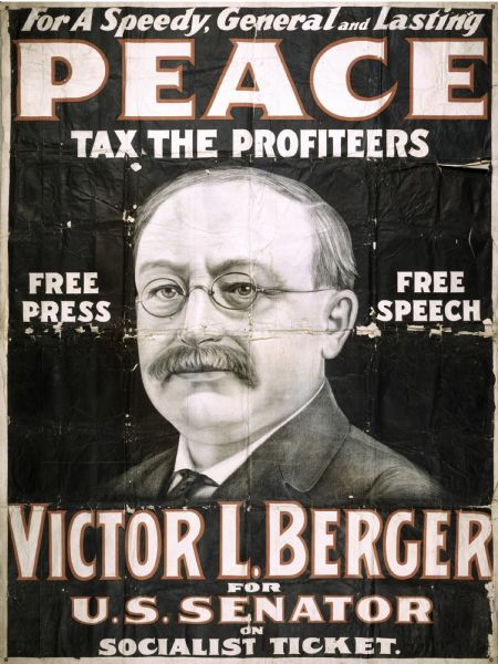 Campaign poster for Victor Berger (1860-1929), U.S. Senatorial campaign. 
This large poster documents Berger's campaign for United States Senate in a special election in April 1918. Berger, a co-founder of the Socialist Party of America, was not only the first Socialist ever elected to the U.S. Congress, but was also chief architect and strategist for the longest-running Socialist municipal government in America.
This two-color lithographed poster was printed on eight separate sheets of paper, which were glued together into a dramatic finished size of over 8 feet high and 6 feet across. It was produced by the Riverside Printing Company of Milwaukee, a general job printer founded in the 1860s. By the early 20th century, the company advertised printing, engraving, electrotyping, zinc etching and bookbinding services as well as lithography. Riverside also made large outdoor advertisements for circuses, theatrical productions and on occasion, political campaigns. The artwork shows the characteristic soft, pencil-like marks of a hand-drawn lithograph, and was probably printed on zinc plates. The poster was printed primarily in blue, with only four sheets accented in red. Because each color required a different plate, this approach added a splash of extra color, while keeping production costs down. 


