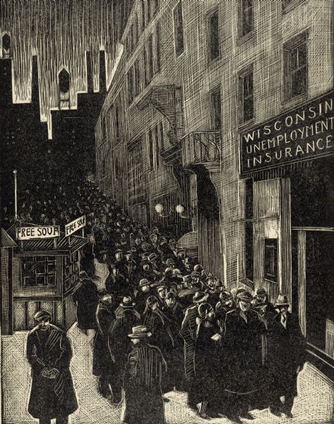 Engraving by Charles Silver to mark the passage of Wisconsin's Unemployment Compensation Law, the first in the nation.