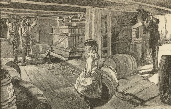 Drawing of a girl sitting on a barrel as a man dumps apples into a press to make cider. Two men manually operate the press at the left.