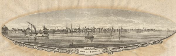 View of Detroit with several boats and ships in (probably) the Detroit River.