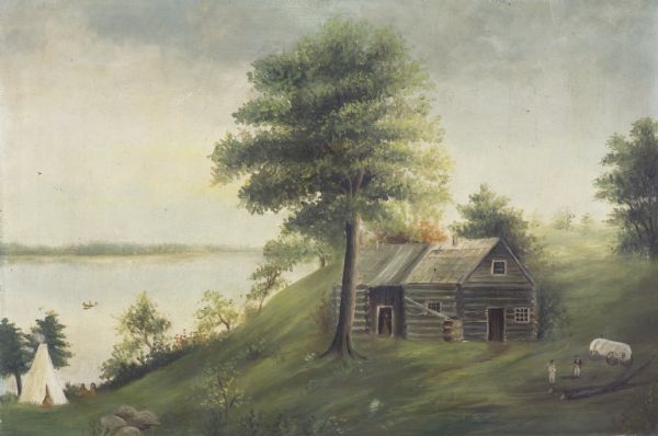 Back of painting reads: "Madison in June 1837 after photo taken by E.E. Bailey" and "Peck's cabin by Dengel." The Eben Peck cabin was the first house built in Madison, Wisconsin. <p>Based upon later correspondence with a relative of artist, Isabella Dengel (1878-1904) painted this painting using a photo or engraving of E.E. Bailey's painting. Isabella painted this painting for George Burrows in exchange for another painting he had given her. The Dengel farm was on the site of the present Burrows Park. The State Historical Society of Wisconsin received the painting after the 1919 death of Burrows' son, George T. Burrows, according to terms set forth in the elder Burrows' will. 