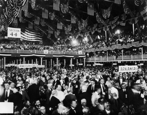 Large crowd at gathering for the Republican Convention. The 1920 National Convention of the Republican Party of the United States nominated Ohio Senator Warren G. Harding for President and Massachusetts Governor Calvin Coolidge for Vice President. The convention was held in Chicago, Illinois, at the Chicago Coliseum from June 8 to June 12, 1920.