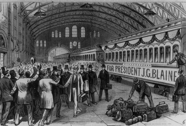 Illustration of the arrival in a train station of the Maine and New Hampshire delegations to the National Republican Convention.