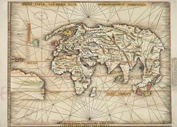 This exquisite woodcut map is one of the first to show any part of North America. It originally appeared in the 1513 Strasbourg edition of Ptolemy's Geographia. The mapmaker, Martin Waldseemuller, made a trial version of this map in 1507 which contains the name “America” printed over Brazil; the only known copy is at Brown University. In the same year he printed a large wall map showing both North and South America; the only known copy is at the Library of Congress. After six years of further work, Waldseemuller finished his edition of Ptolemy in 1513. He supplemented its 27 ancient maps with 20 “modern” ones, including two showing discoveries by Columbus and Vespucci. This is the first of those, called “Hydrographia sive Charta marina” in the table of contents. The map that followed it in the volume, “Tabula Terre Nove,” shows South America and the Caribbean in greater detail. The Wisconsin Historical Society ownership stamp was applied in 1896, but no other provenance data appears to survive. A clipped catalog description pasted in the right margin (listing its price at 30 francs) suggests that it had passed through the hands of a French dealer.