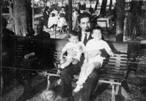 Rabbi Mayer Relles with sons Nathan (right) and George (left); Trieste, Italy.