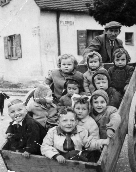 Cyla Tine Stundel's son, Ksiel (top row, left), and friends; Farenwald Displaced Persons camp, Germany.