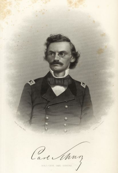 Engraved portrait of Carl Schurz, a German immigrant who settled in Wisconsin in 1855. President Abraham Lincoln appointed Schurz to the rank of general in order to encourage enlistment among the nation's German immigrants. Unfortunately, Schurz had no military experience.  Although he labored to overcome his deficiencies and exhibited personal bravery, Schurz's military career was a disappointment.